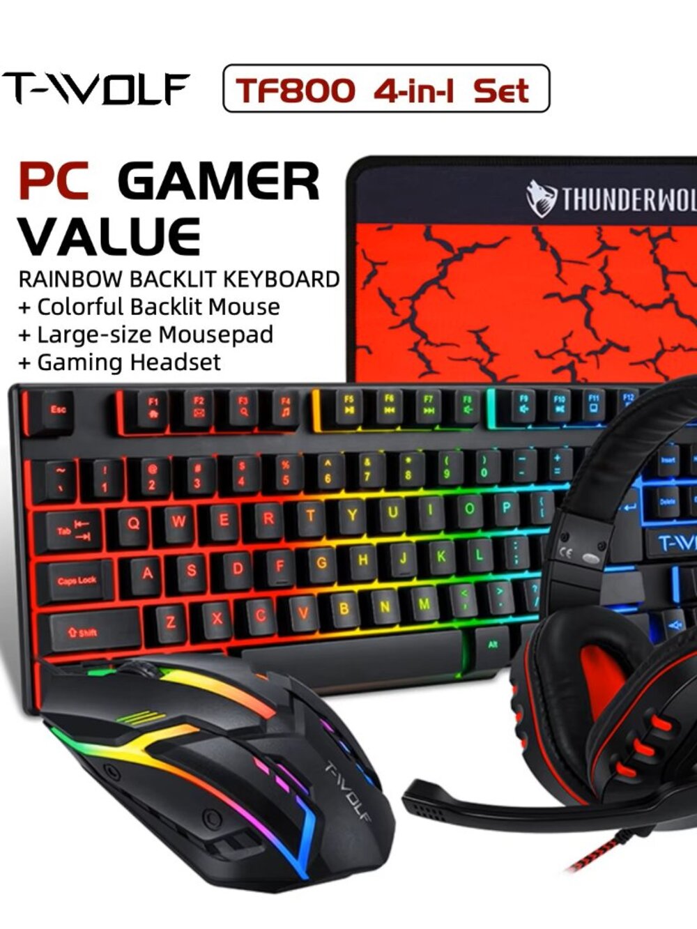 T-WOLF RGB Gaming Keyboard Mouse Headset Mousepad 4 in 1 Combo Wired Feel LED